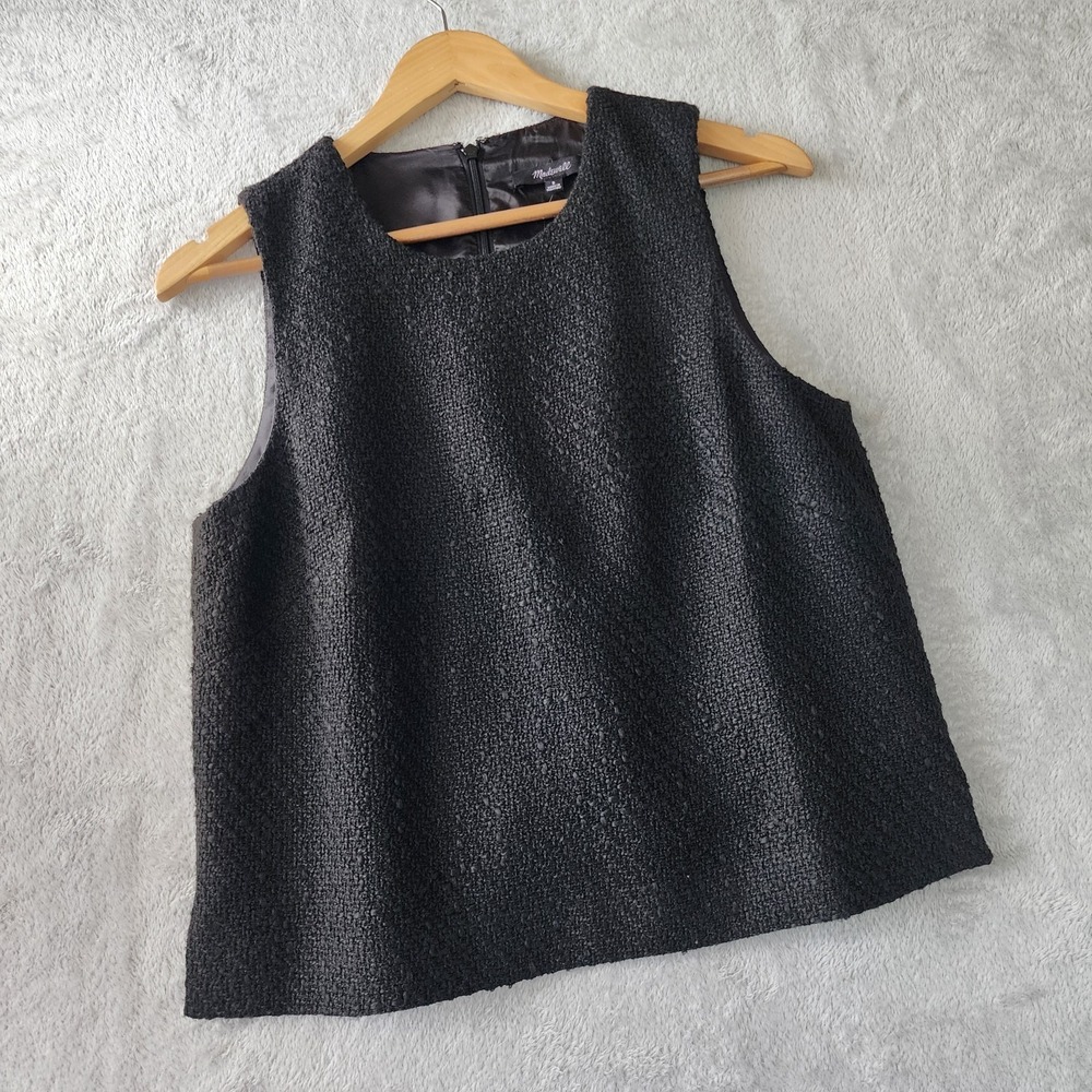 Madewell Tweed Top Womens Size 6 Black Boxy Shell Textured Sleeveless Zip Back
